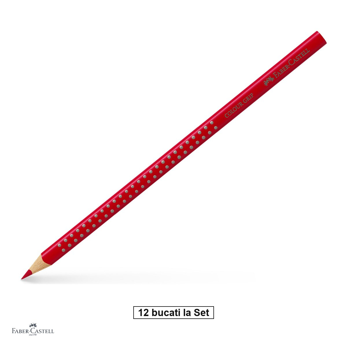Set 12 creioane colorate Faber-Castell Grip, rosu intens, forma triunghiulara ergonomica, pentru copii [1]