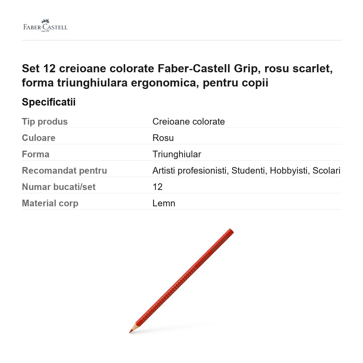 Set 12 creioane colorate Faber-Castell Grip, rosu scarlet, forma triunghiulara ergonomica, pentru copii [3]