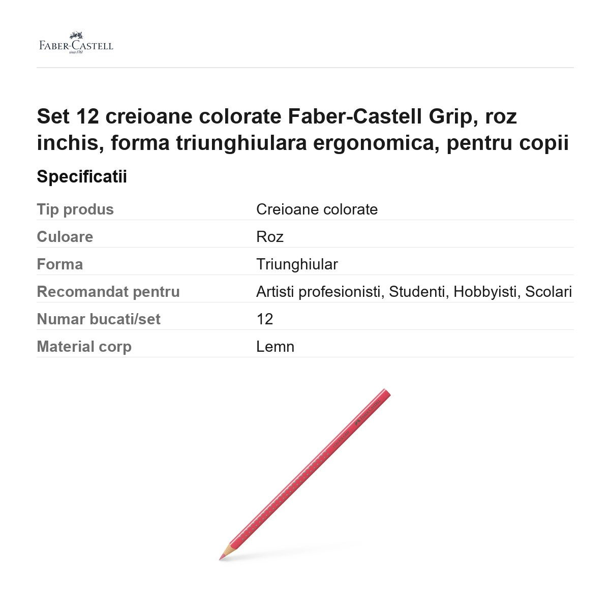 Set 12 creioane colorate Faber-Castell Grip, roz inchis, forma triunghiulara ergonomica, pentru copii [3]