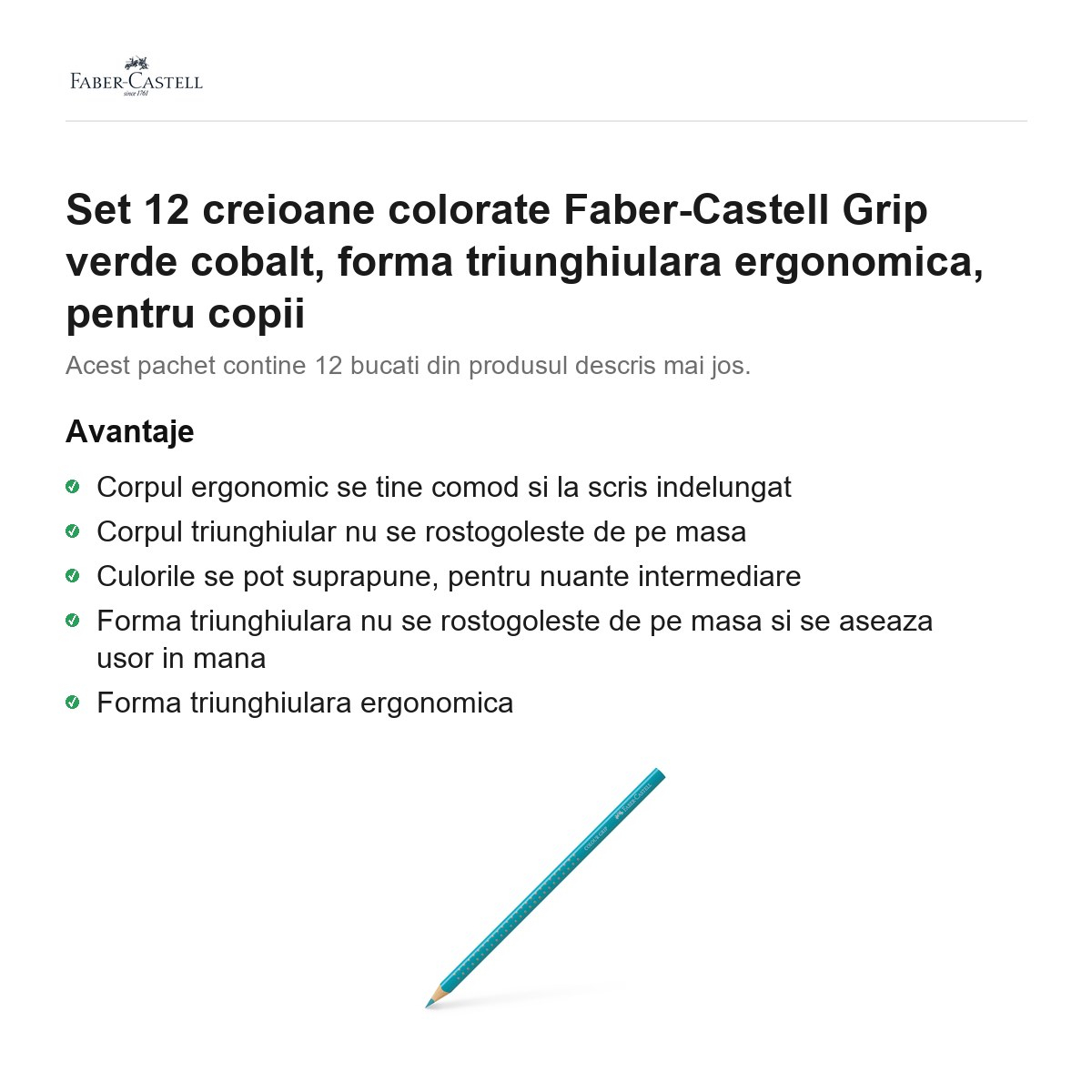 Set 12 creioane colorate Faber-Castell Grip verde cobalt, forma triunghiulara ergonomica, pentru copii [2]