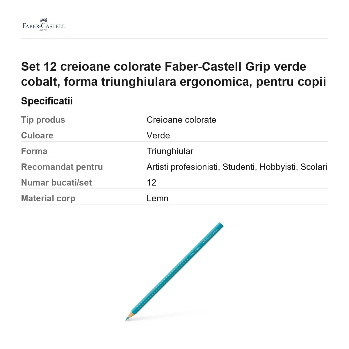 Set 12 creioane colorate Faber-Castell Grip verde cobalt, forma triunghiulara ergonomica, pentru copii [3]