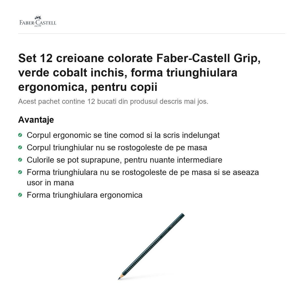 Set 12 creioane colorate Faber-Castell Grip, verde cobalt inchis, forma triunghiulara ergonomica, pentru copii [2]