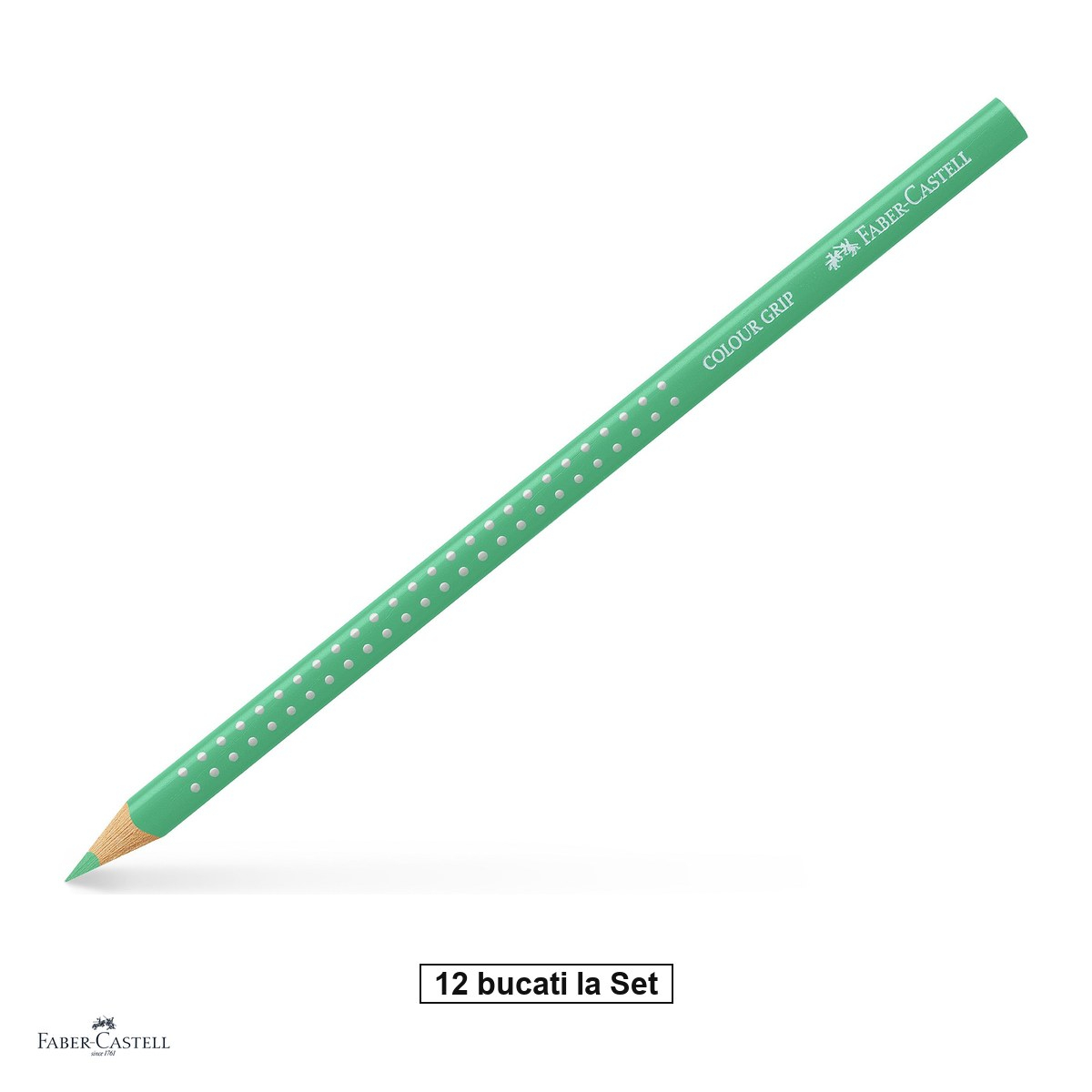 Set 12 creioane colorate Faber-Castell Grip, verde phtalo deschis, forma triunghiulara ergonomica, pentru copii [1]