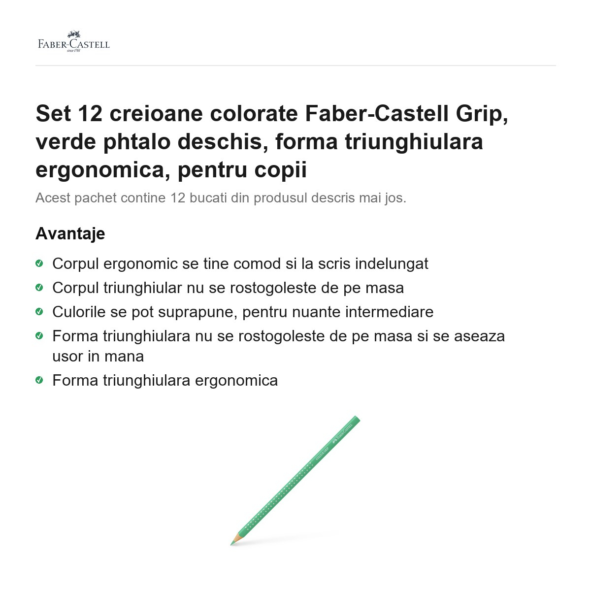 Set 12 creioane colorate Faber-Castell Grip, verde phtalo deschis, forma triunghiulara ergonomica, pentru copii [2]