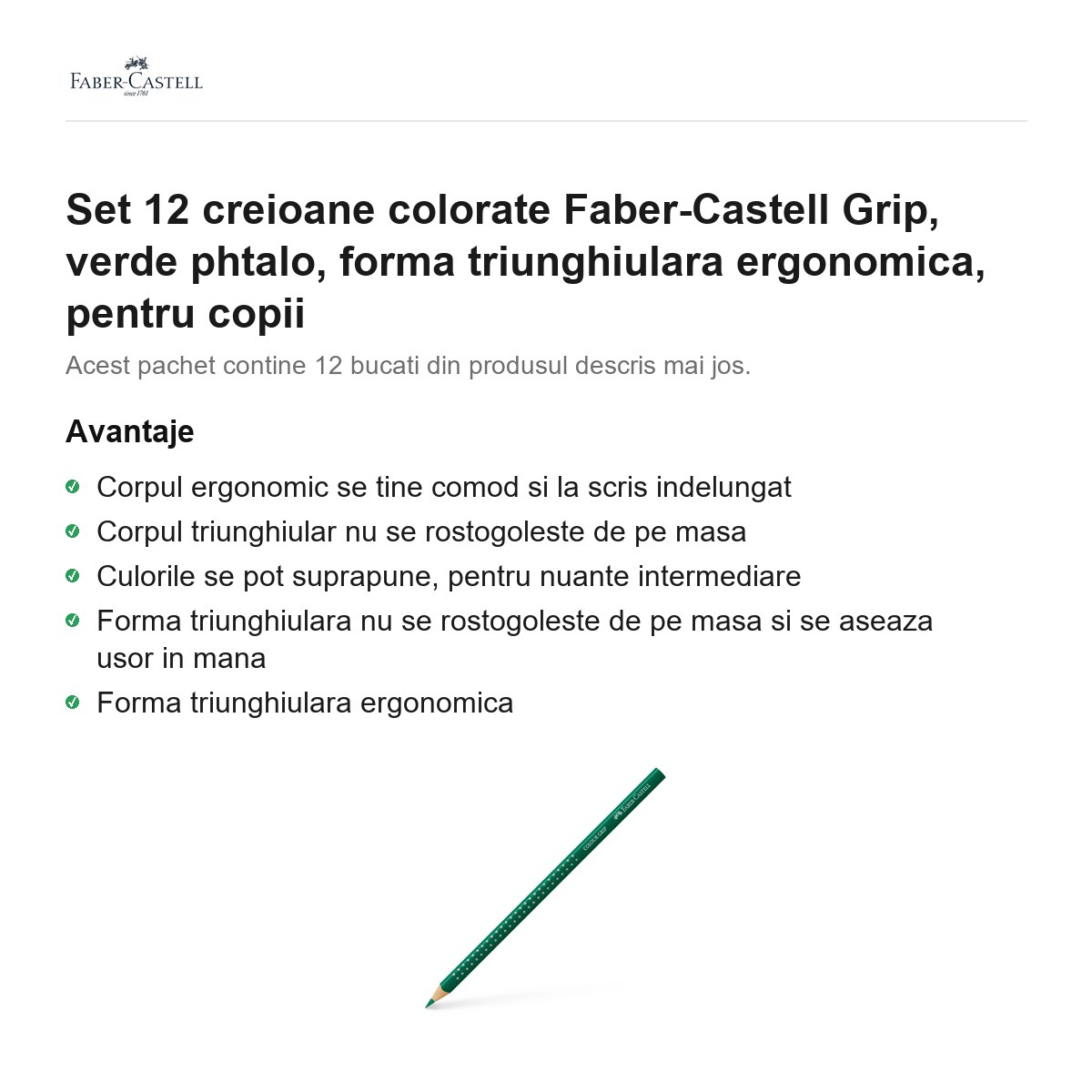 Set 12 creioane colorate Faber-Castell Grip, verde phtalo, forma triunghiulara ergonomica, pentru copii [2]