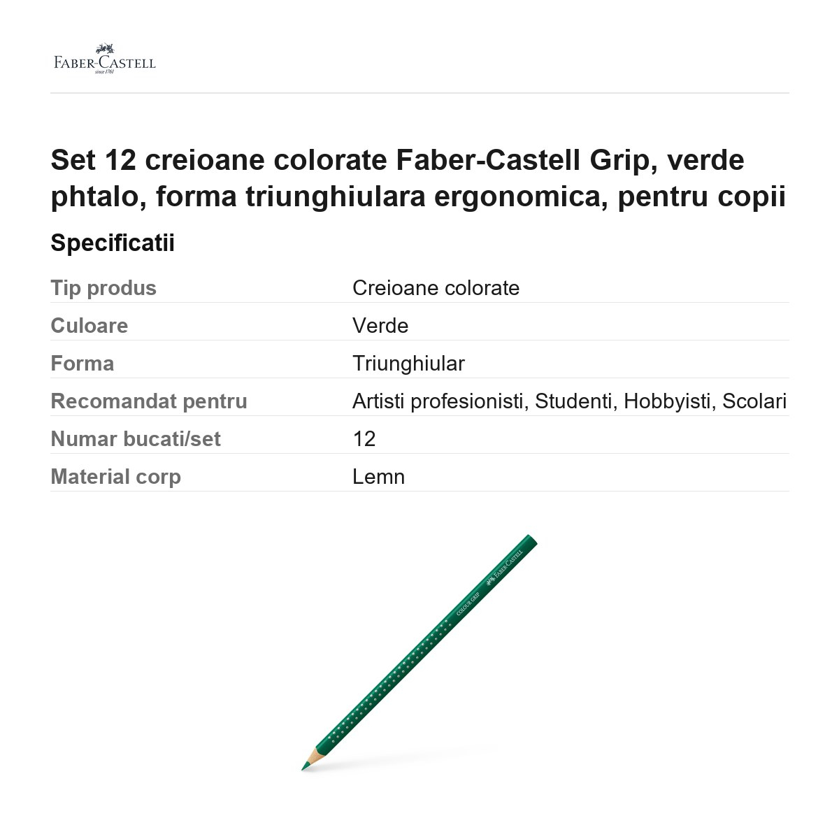 Set 12 creioane colorate Faber-Castell Grip, verde phtalo, forma triunghiulara ergonomica, pentru copii [3]
