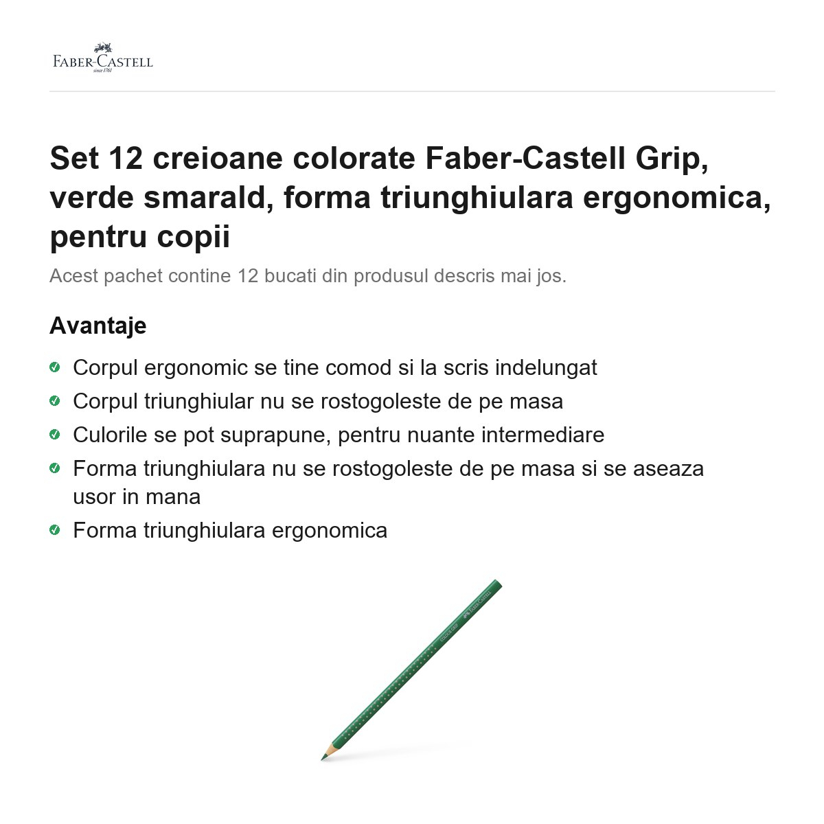 Set 12 creioane colorate Faber-Castell Grip, verde smarald, forma triunghiulara ergonomica, pentru copii [2]