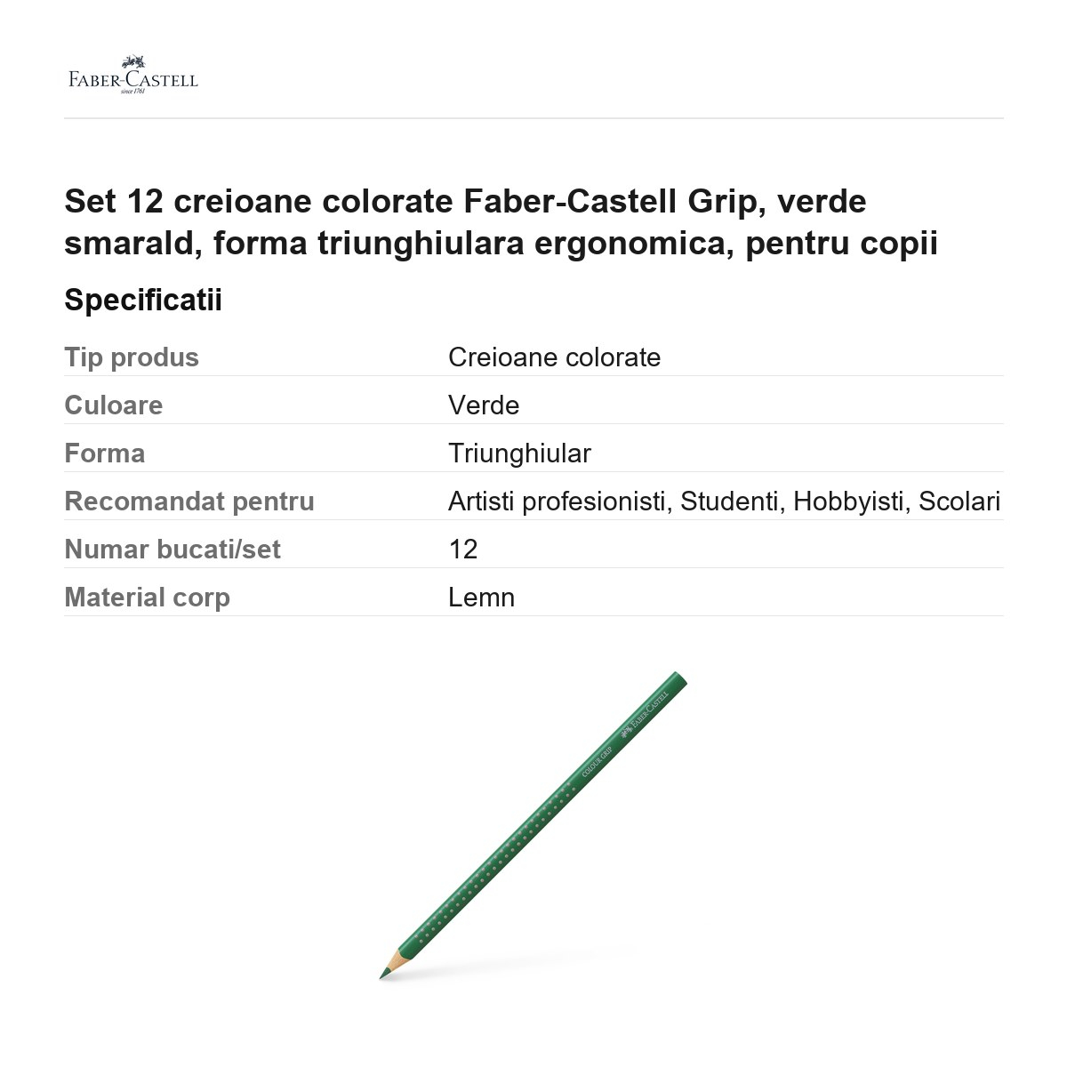 Set 12 creioane colorate Faber-Castell Grip, verde smarald, forma triunghiulara ergonomica, pentru copii [3]