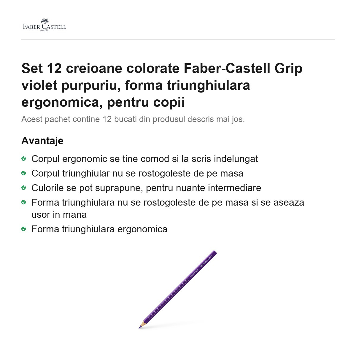 Set 12 creioane colorate Faber-Castell Grip violet purpuriu, forma triunghiulara ergonomica, pentru copii [2]
