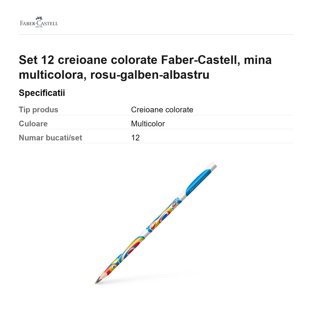 Set 12 creioane colorate Faber-Castell, mina multicolora, rosu-galben-albastru [3]