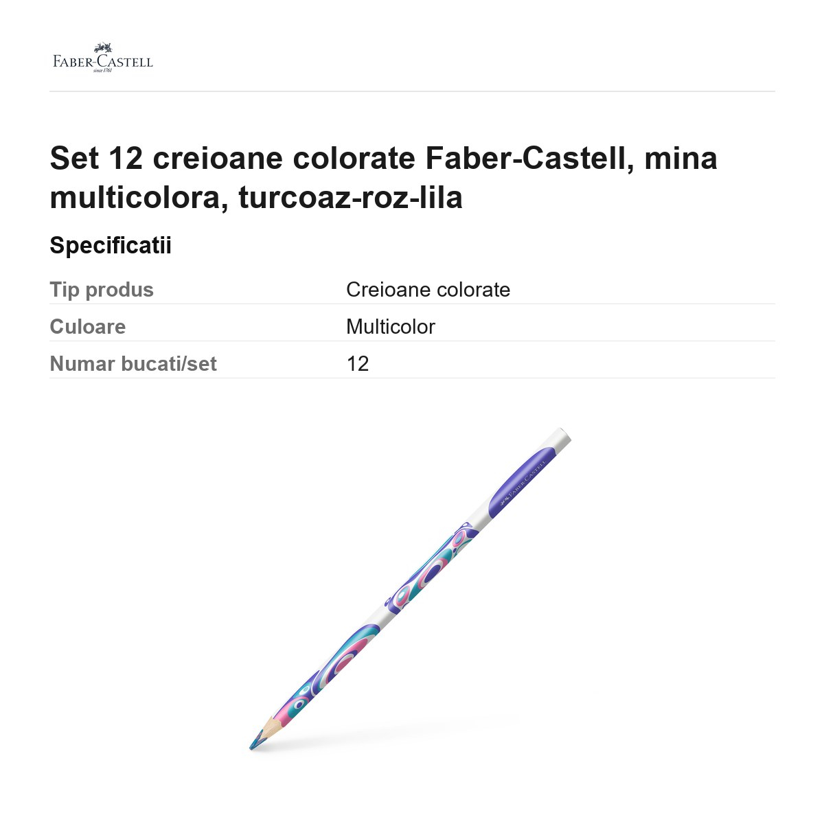 Set 12 creioane colorate Faber-Castell, mina multicolora, turcoaz-roz-lila [3]
