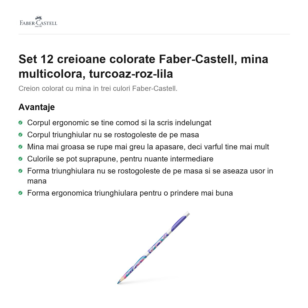 Set 12 creioane colorate Faber-Castell, mina multicolora, turcoaz-roz-lila [2]