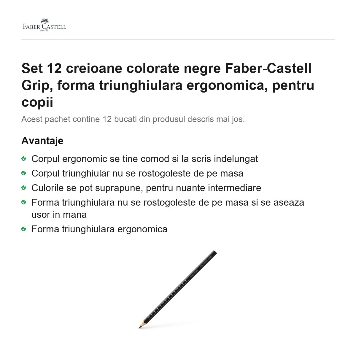 Set 12 creioane colorate negre Faber-Castell Grip, forma triunghiulara ergonomica, pentru copii [2]