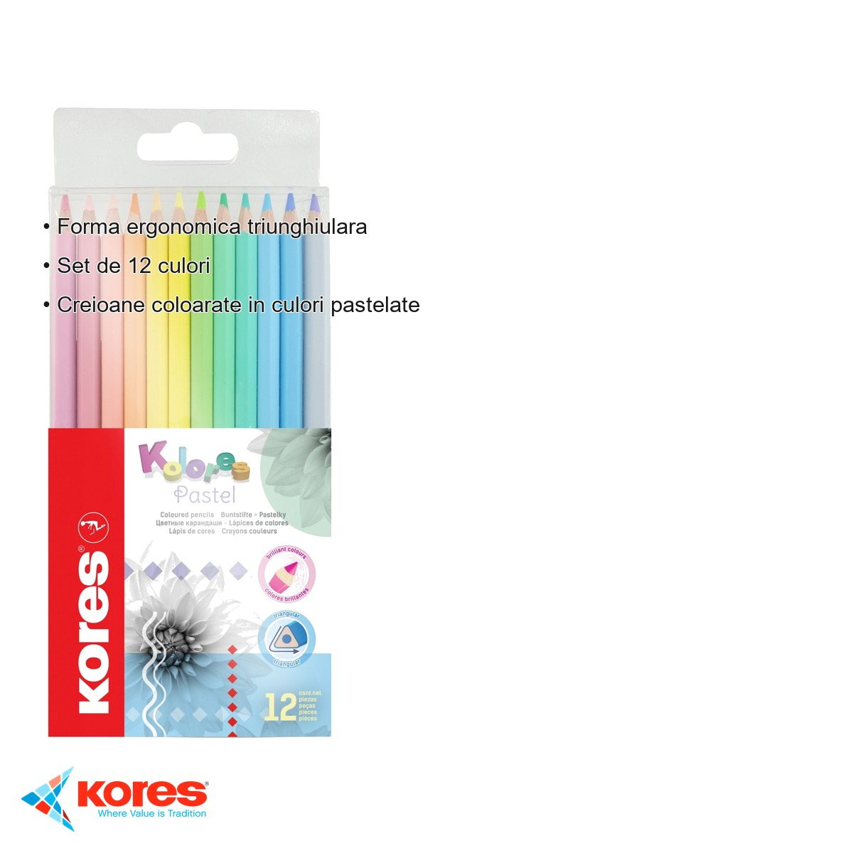 Set 12 creioane colorate pastel Kores, forma triunghiulara ergonomica, pentru copii si scoala [3]