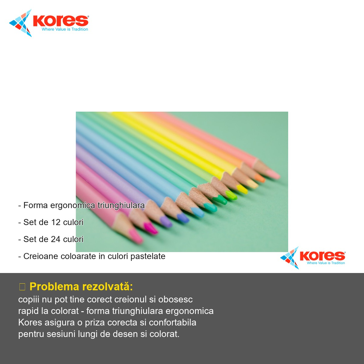Set 12 creioane colorate pastel Kores, forma triunghiulara ergonomica, pentru copii si scoala [2]