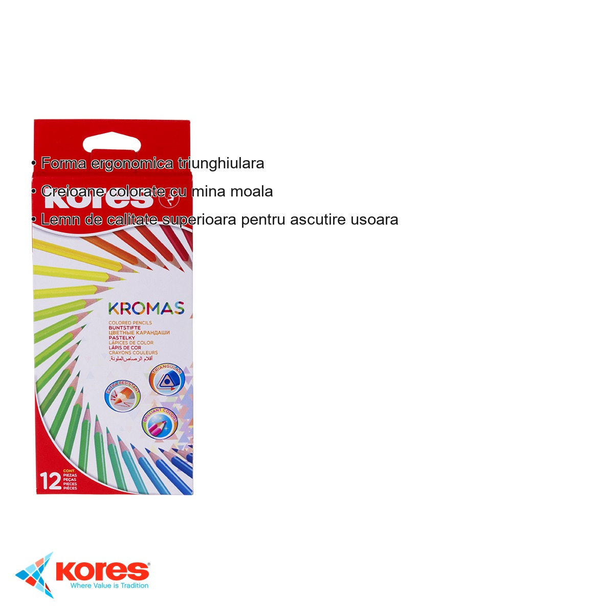 Set 12 creioane colorate triunghiulare Kores Eco, mina moale, forma ergonomica, pentru copii si scoala [3]