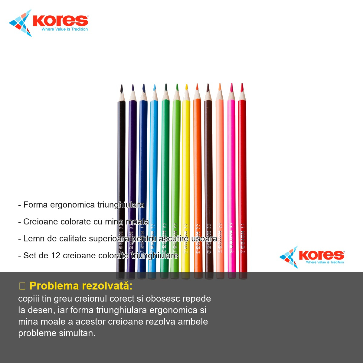 Set 12 creioane colorate triunghiulare Kores Eco, mina moale, forma ergonomica, pentru copii si scoala [2]