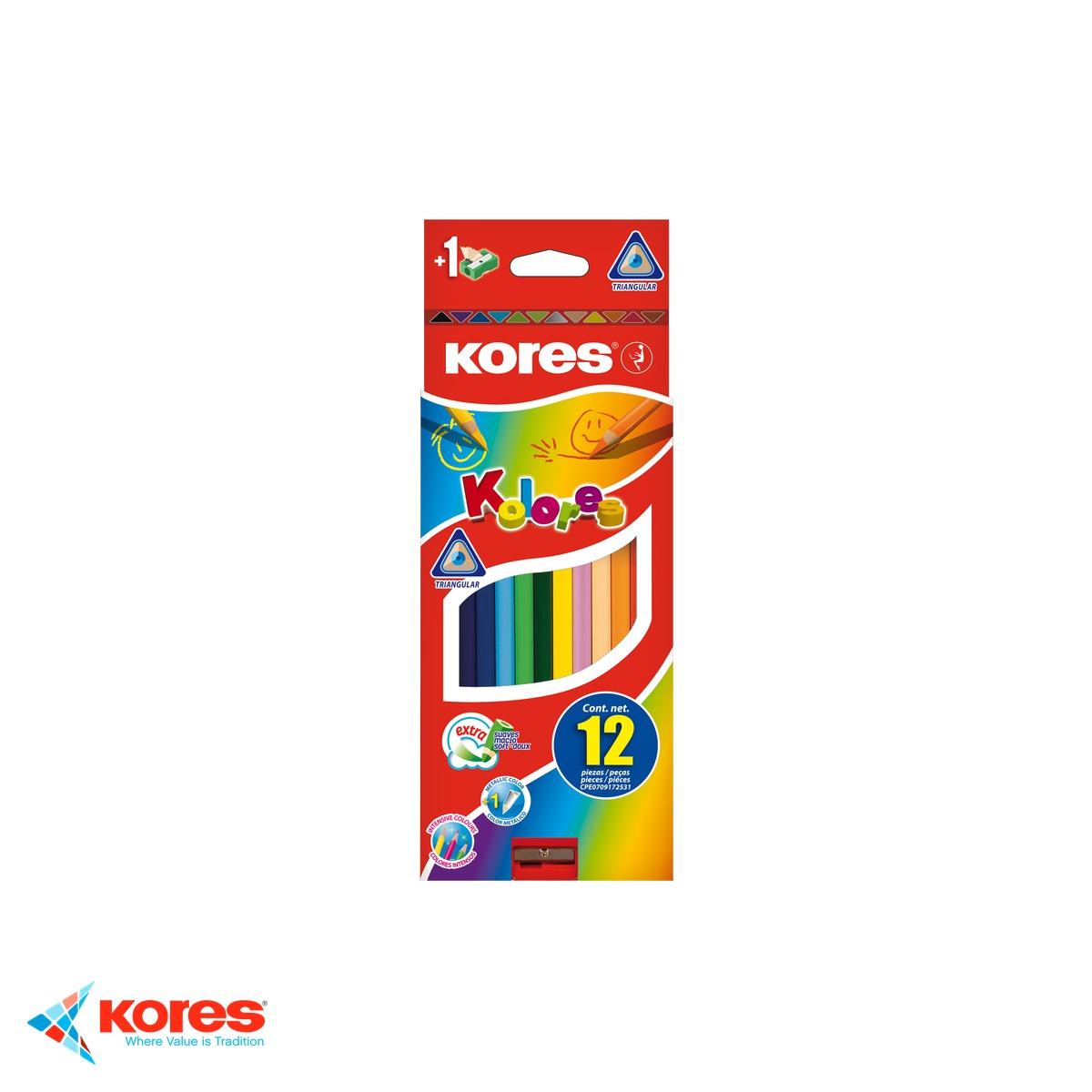 Set 12 creioane colorate triunghiulare Kores, mina super moale cu pigment intens, cu ascutitoare inclusa, pentru copii si scoala [1]