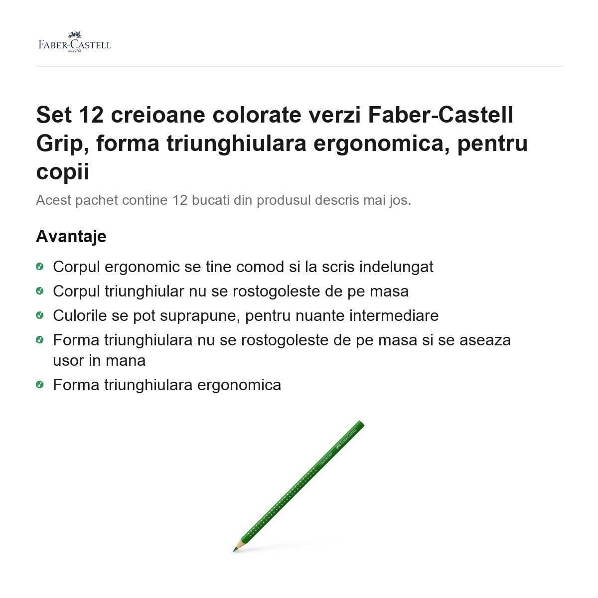 Set 12 creioane colorate verzi Faber-Castell Grip, forma triunghiulara ergonomica, pentru copii [2]