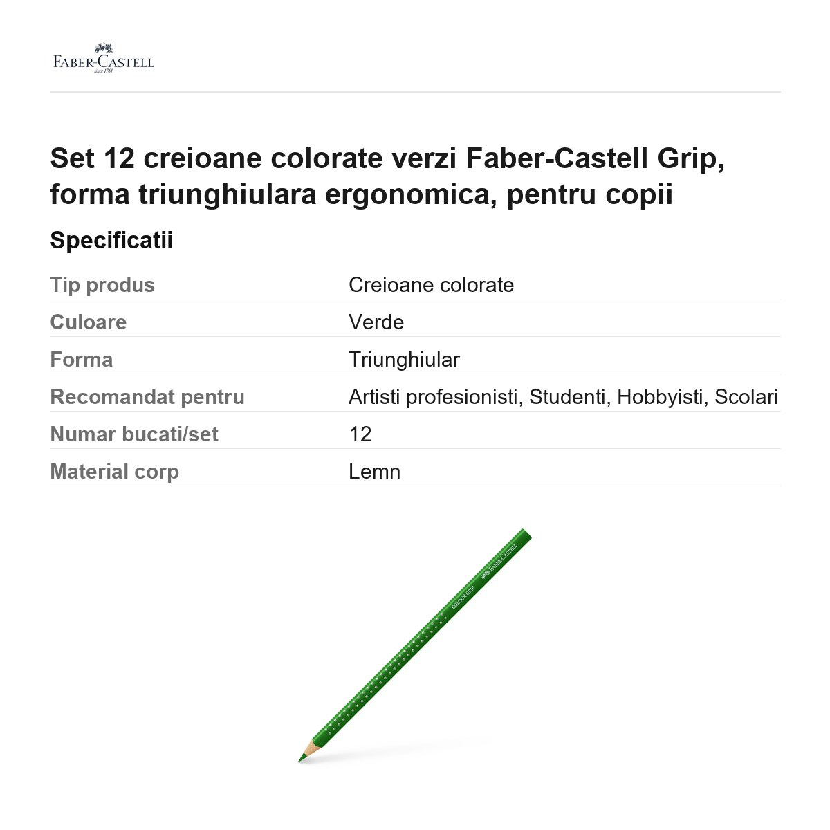 Set 12 creioane colorate verzi Faber-Castell Grip, forma triunghiulara ergonomica, pentru copii [3]
