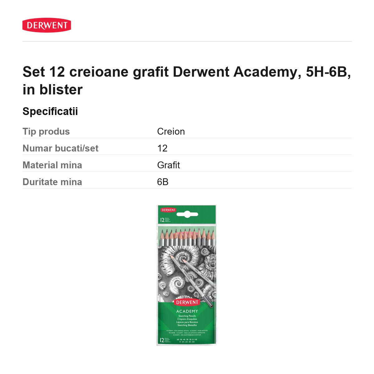 Set 12 creioane grafit Derwent Academy, 5H-6B, in blister [3]