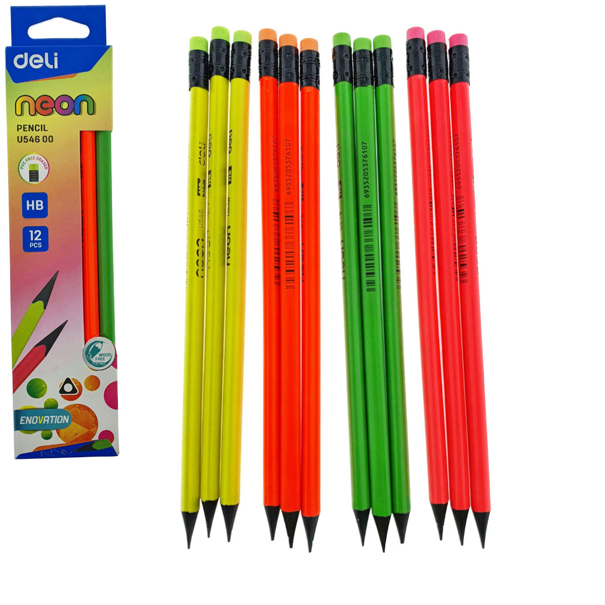 Set 12 creioane HB grafit cu guma, NEON U54600 DELI, wood free, corp triunghiular, multicolor [1]