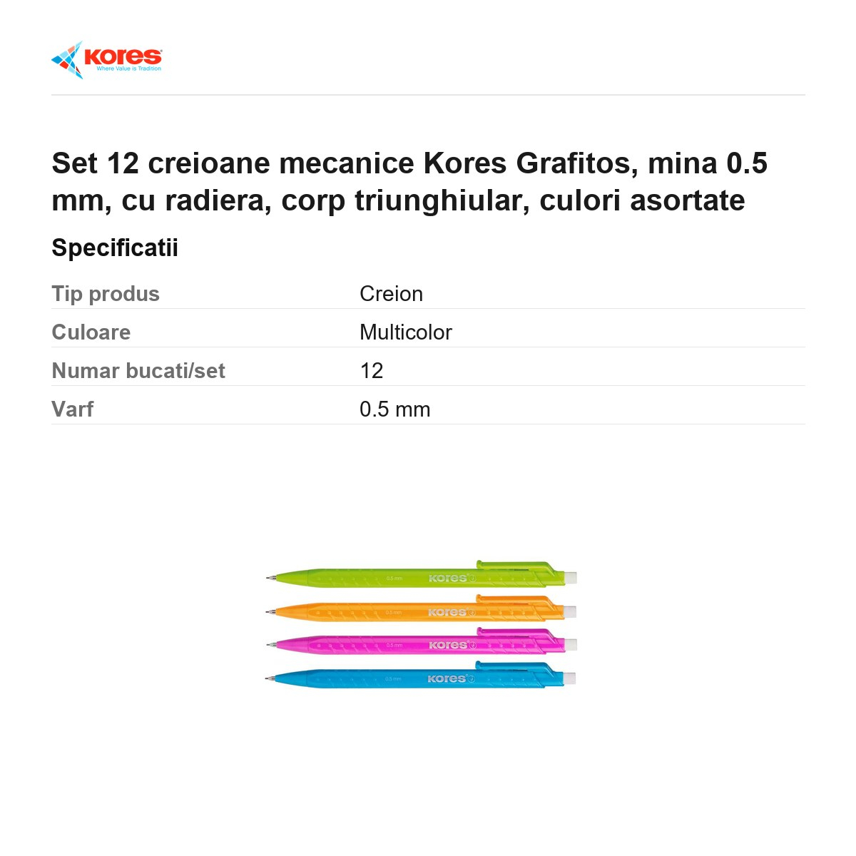 Set 12 creioane mecanice Kores Grafitos, mina 0.5 mm, cu radiera, corp triunghiular, culori asortate [3]