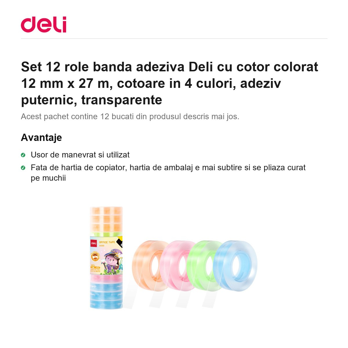 Set 12 role banda adeziva Deli cu cotor colorat 12 mm x 27 m, cotoare in 4 culori, adeziv puternic, transparente [2]