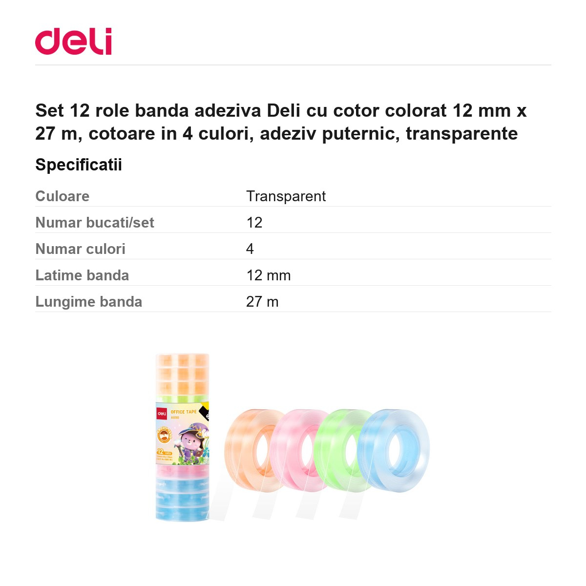 Set 12 role banda adeziva Deli cu cotor colorat 12 mm x 27 m, cotoare in 4 culori, adeziv puternic, transparente [3]