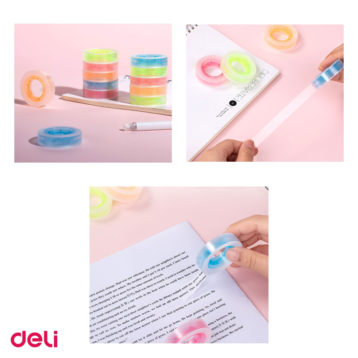 Set 12 role banda adeziva Deli cu cotor colorat 12 mm x 27 m, cotoare in 4 culori, adeziv puternic, transparente [4]