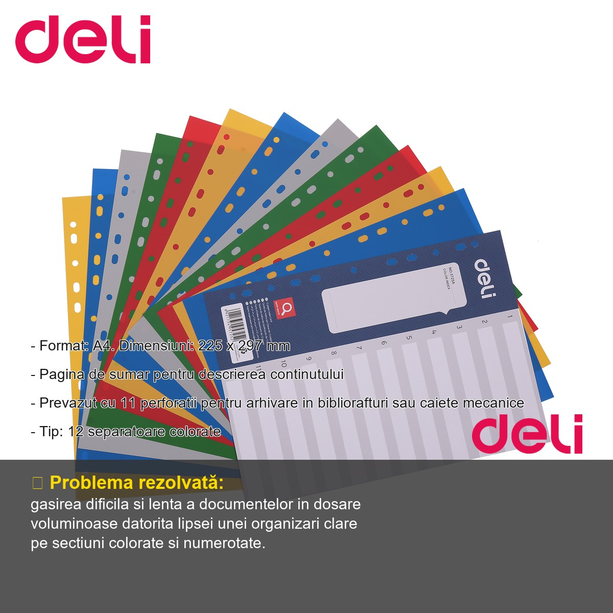 Set 12 separatoare index plastic color Deli, format A4, cu 11 perforatii, pentru organizare documente [2]