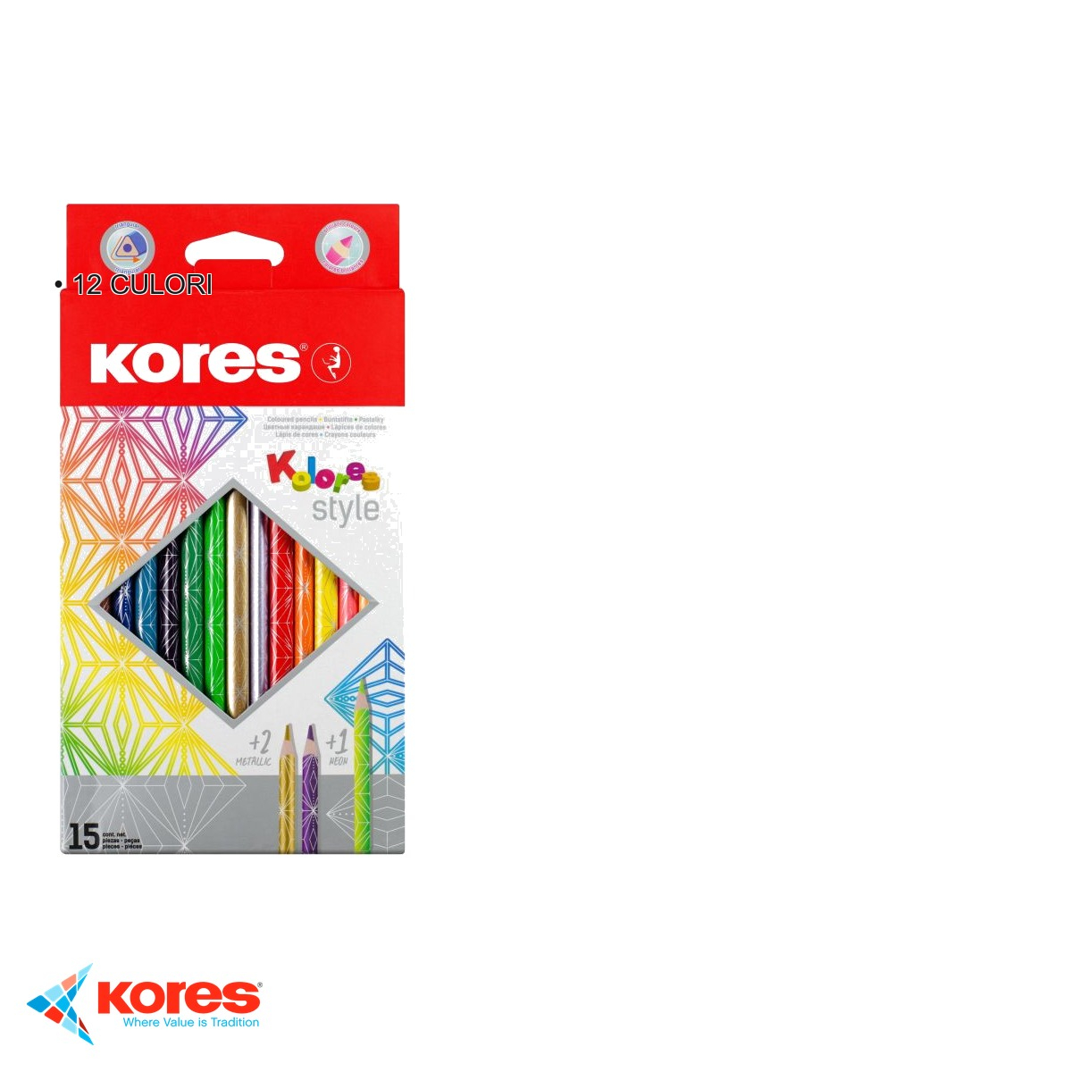 Set 15 creioane colorate Kores, forma triunghiulara ergonomica, cu mine metalice si neon, pentru copii si artisti [3]