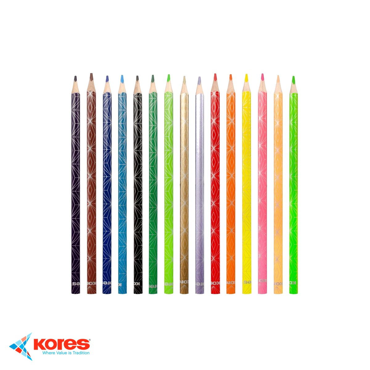 Set 15 creioane colorate Kores, forma triunghiulara ergonomica, cu mine metalice si neon, pentru copii si artisti [4]