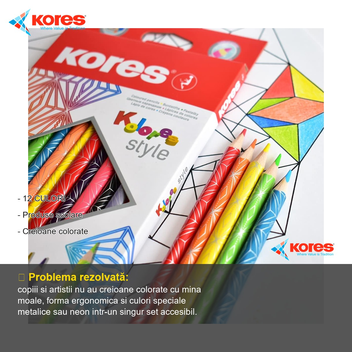 Set 15 creioane colorate Kores, forma triunghiulara ergonomica, cu mine metalice si neon, pentru copii si artisti [2]