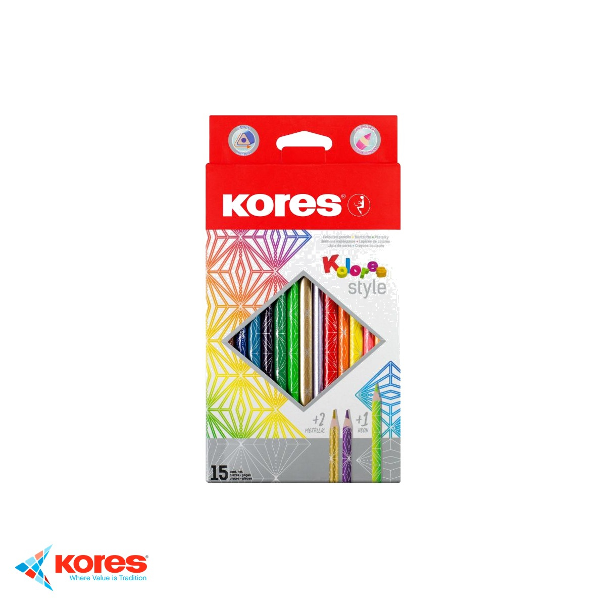 Set 15 creioane colorate Kores, forma triunghiulara ergonomica, cu mine metalice si neon, pentru copii si artisti [1]