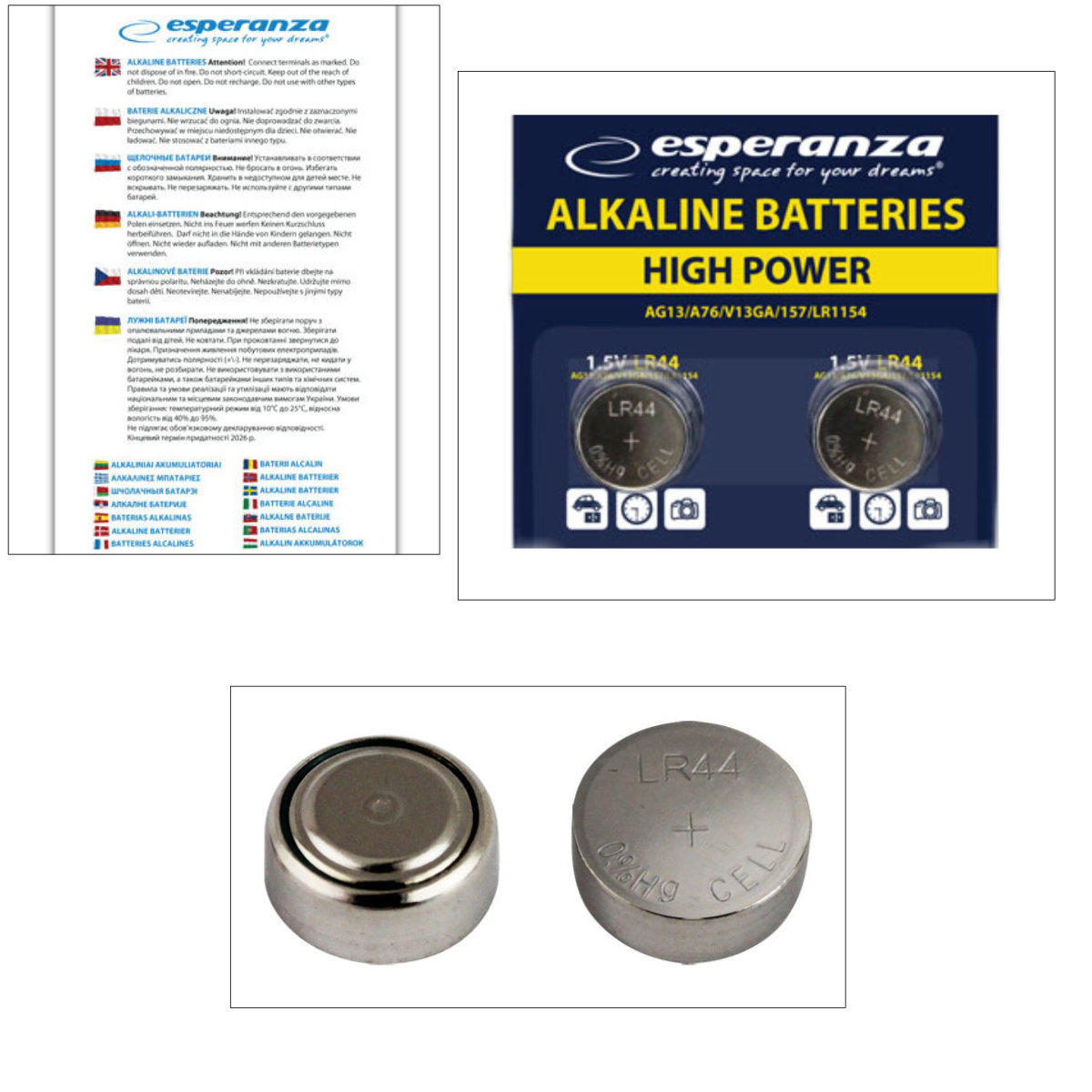 Set 2 baterii alcaline Esperanza LR44 (AG13 / A76), 1.5V, diametru 11.6mm, grosime 5.4mm, in blister [3]