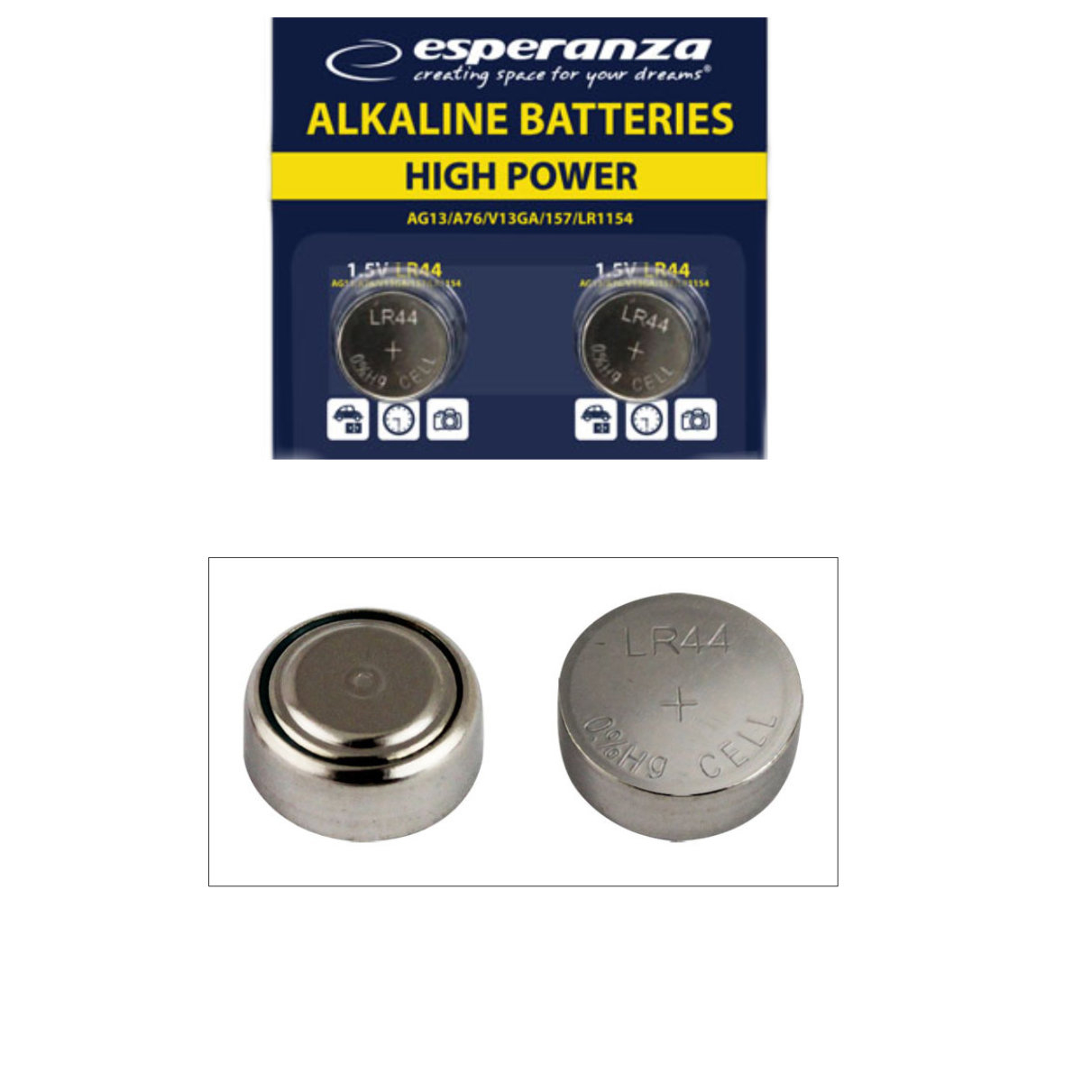 Set 2 baterii alcaline Esperanza LR44 (AG13 / A76), 1.5V, diametru 11.6mm, grosime 5.4mm, in blister [4]