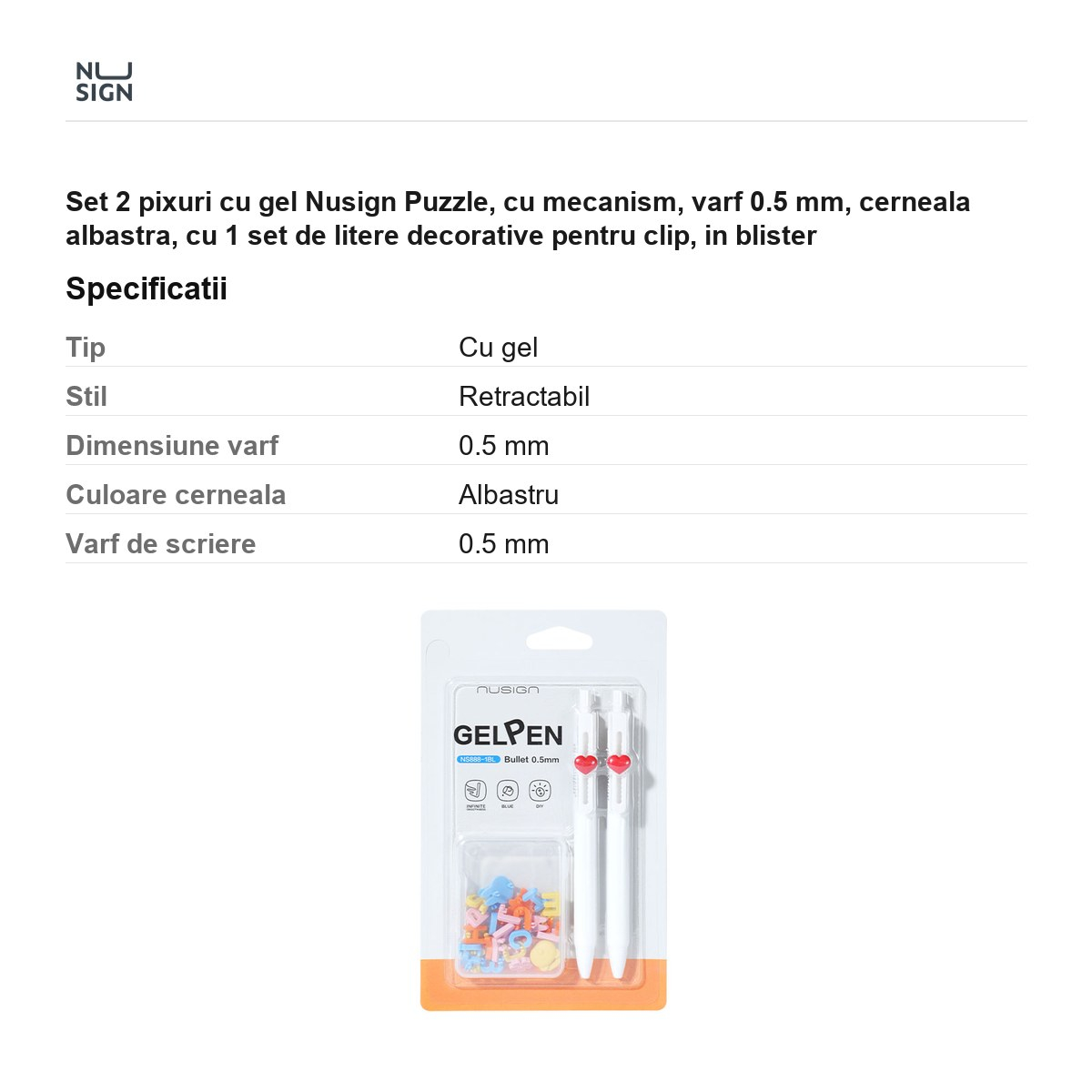 Set 2 pixuri cu gel Nusign Puzzle, cu mecanism, varf 0.5 mm, cerneala albastra, cu 1 set de litere decorative pentru clip, in blister [3]