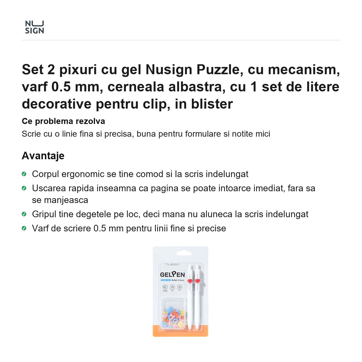 Set 2 pixuri cu gel Nusign Puzzle, cu mecanism, varf 0.5 mm, cerneala albastra, cu 1 set de litere decorative pentru clip, in blister [2]