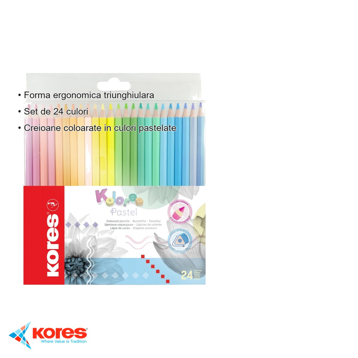 Set 24 creioane colorate pastel triunghiulare Kores, forma ergonomica, pentru copii si scoala [3]