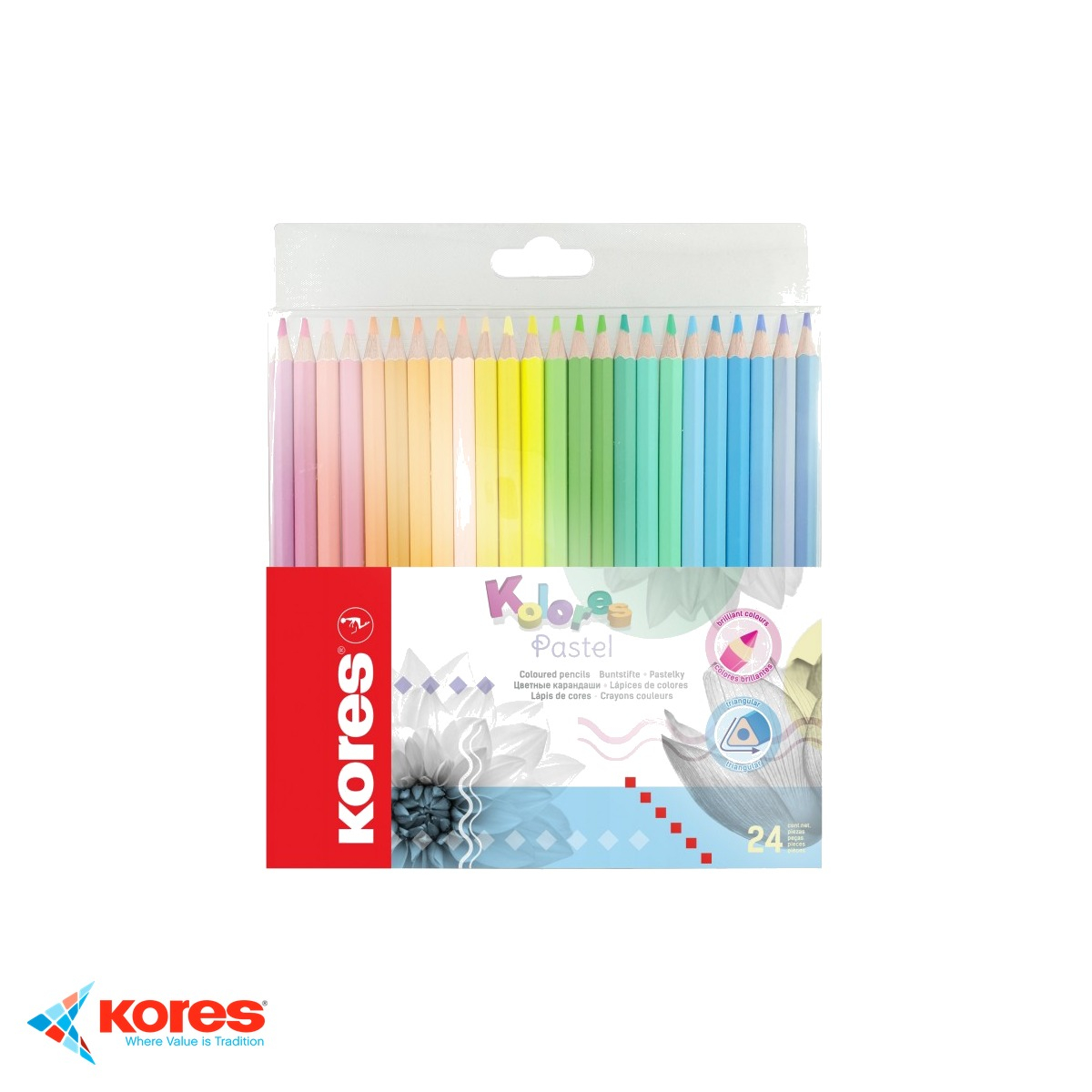 Set 24 creioane colorate pastel triunghiulare Kores, forma ergonomica, pentru copii si scoala [1]