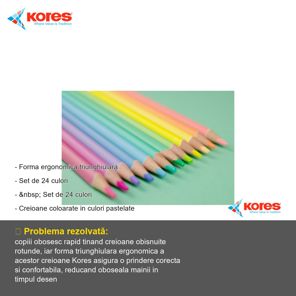 Set 24 creioane colorate pastel triunghiulare Kores, forma ergonomica, pentru copii si scoala [2]