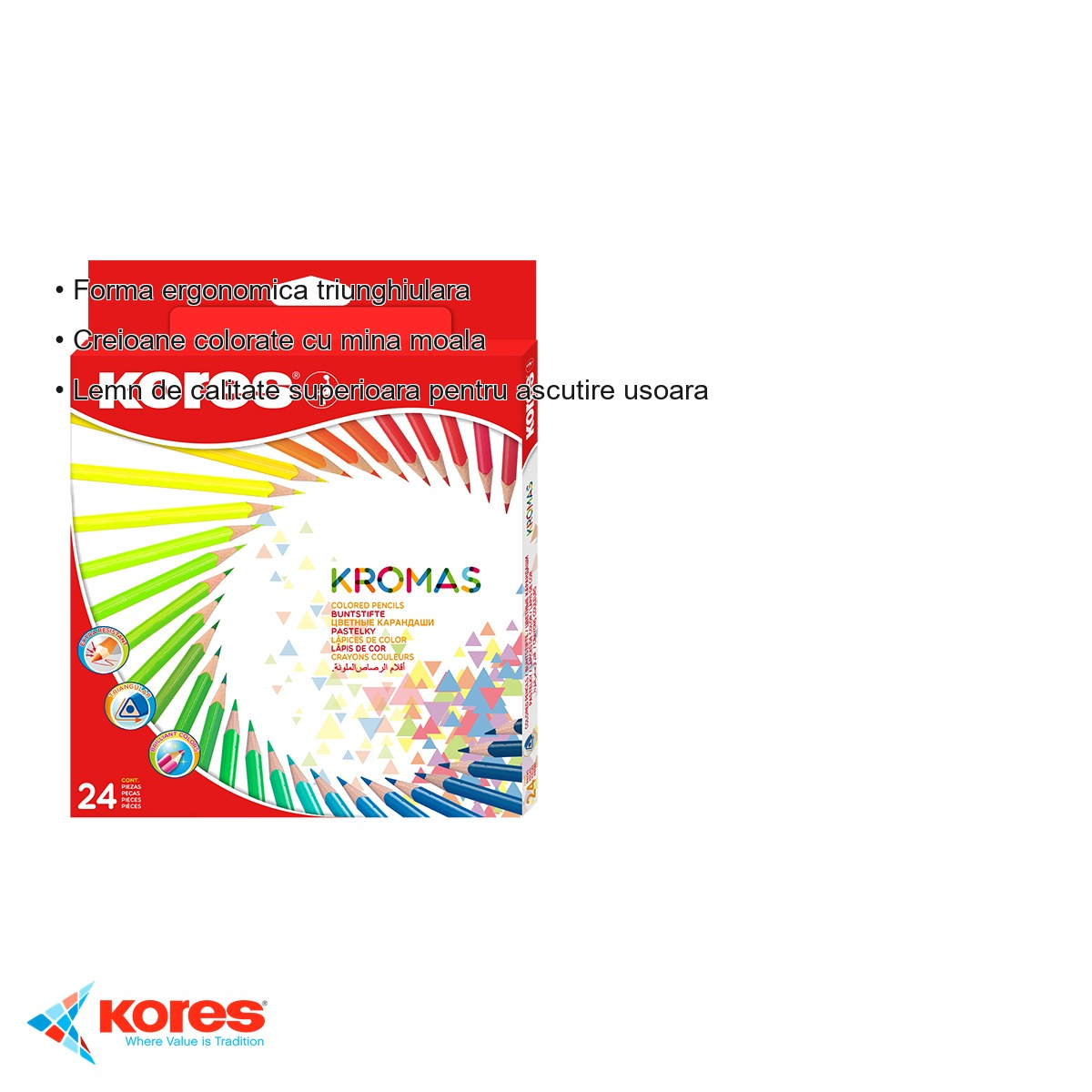 Set 24 creioane colorate triunghiulare Kores, mina moale, culori stralucitoare, pentru desen si colorat [3]