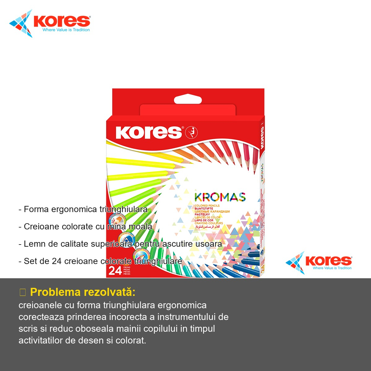 Set 24 creioane colorate triunghiulare Kores, mina moale, culori stralucitoare, pentru desen si colorat [2]
