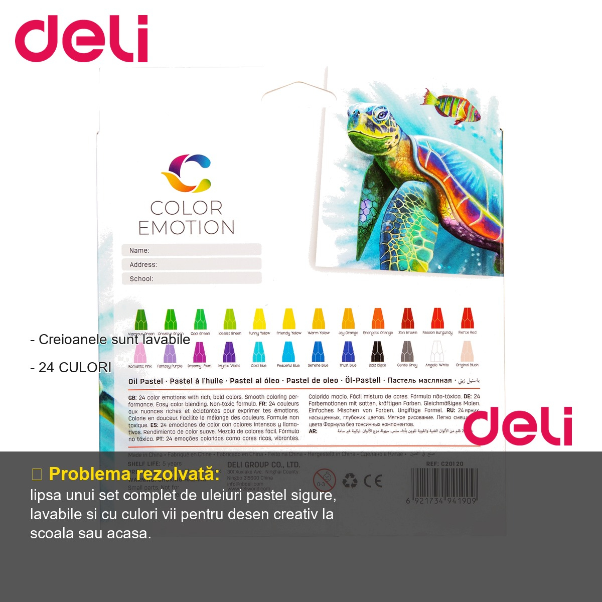 Set 24 culori ulei pastel Deli Color Emotion, parafina de calitate, lavabile, pentru desen si arta [2]