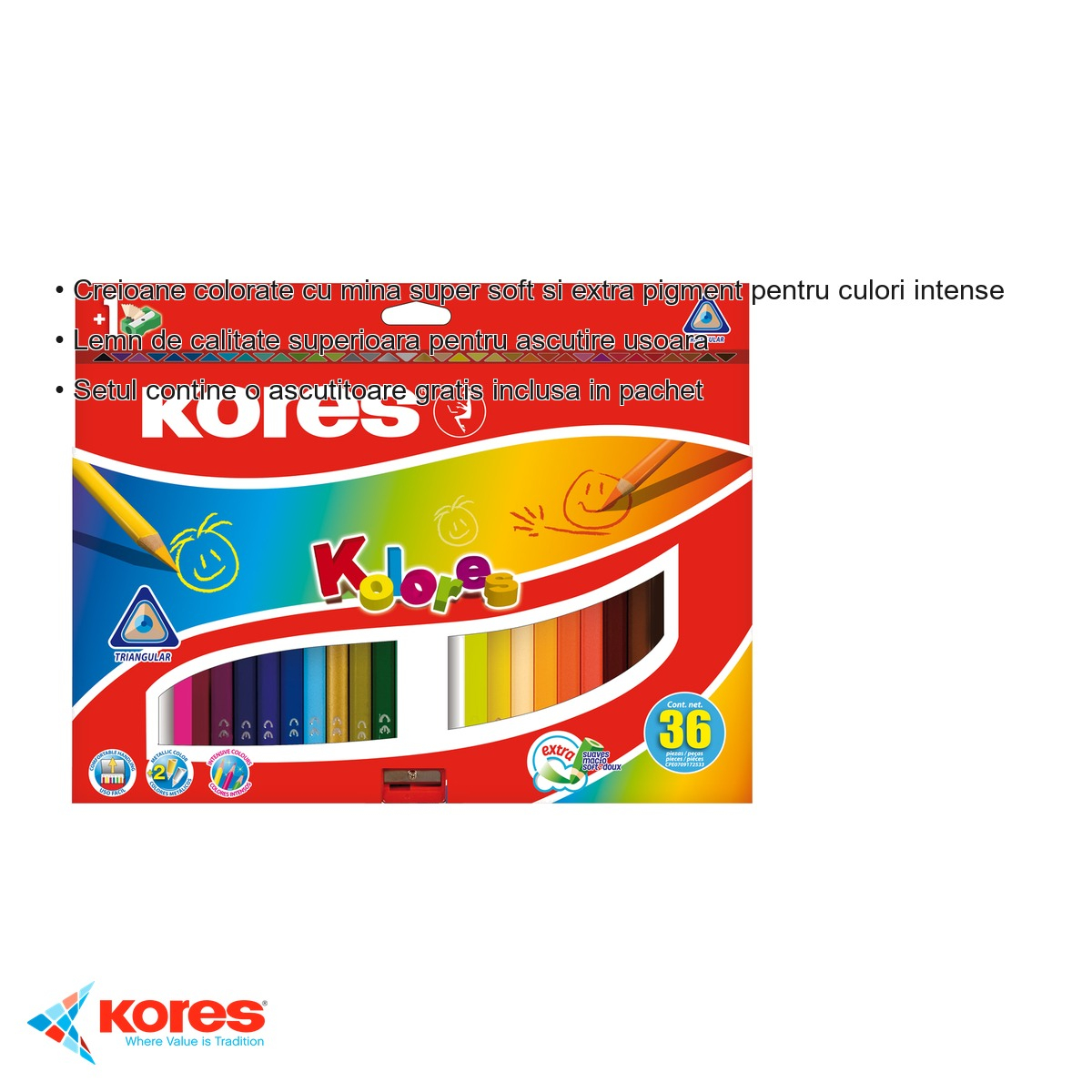 Set 36 creioane colorate triunghiulare Kores, mina super moale cu pigment intens, cu ascutitoare inclusa, pentru desen si colorat [3]