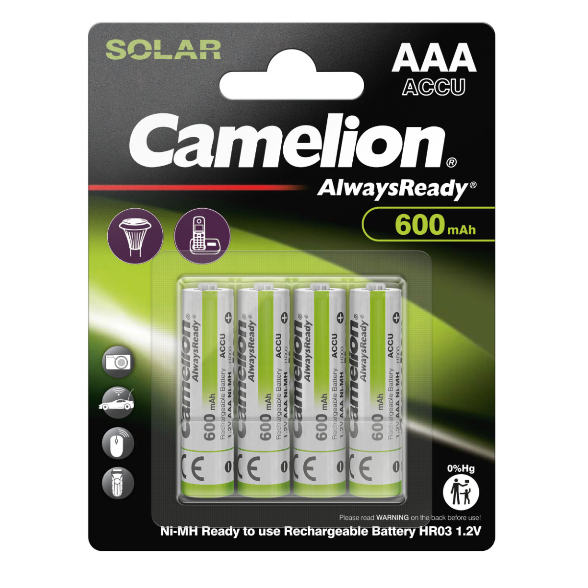 Set 4 Acumulatori AAA Reincarcabili Camelion Solar, Ni-MH 600mAh, Preincarcati, Pentru Telecomenzi, Jucarii, Dispozitive cu Consum Redus, Blister [1]