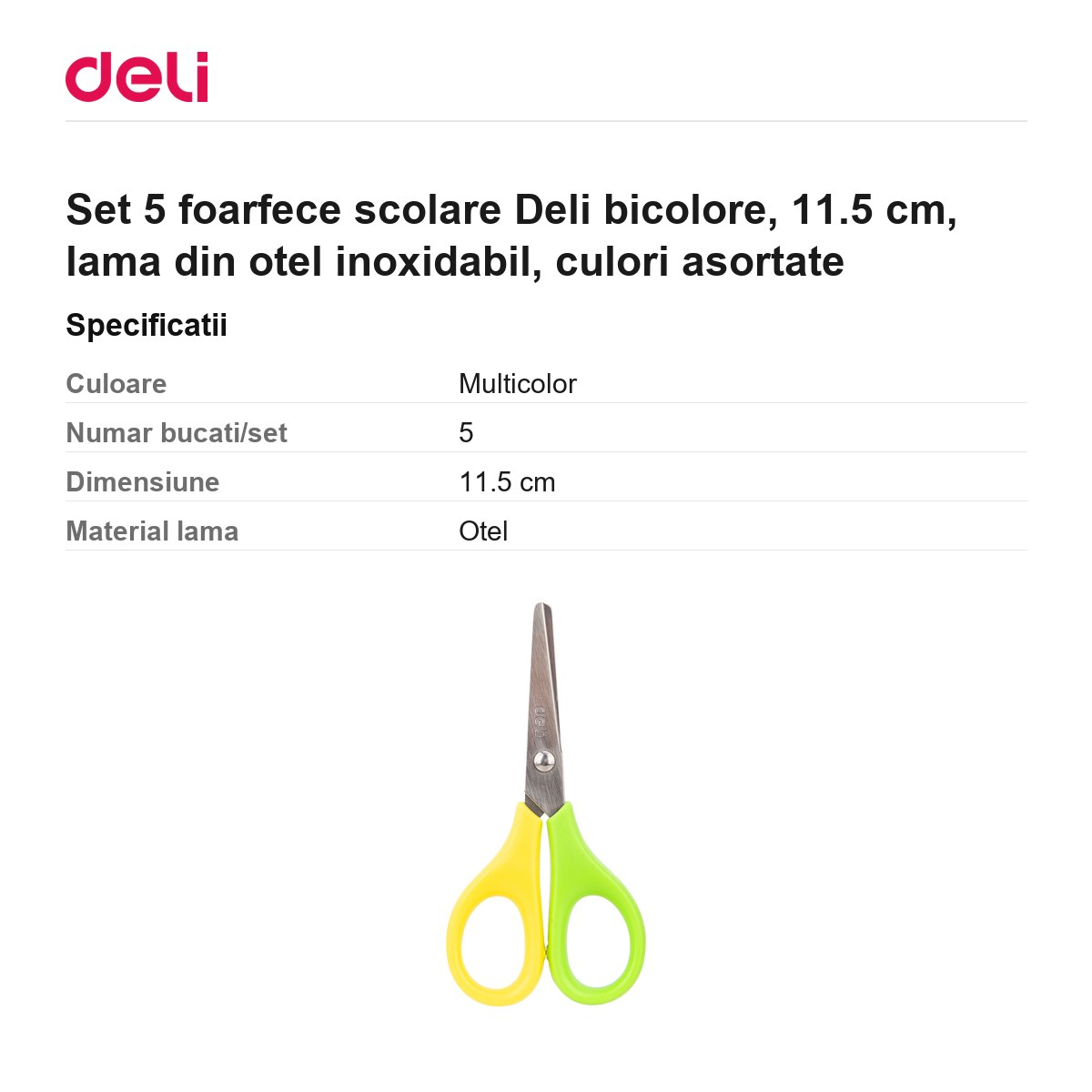 Set 5 foarfece scolare Deli bicolore, 11.5 cm, lama din otel inoxidabil, culori asortate [3]