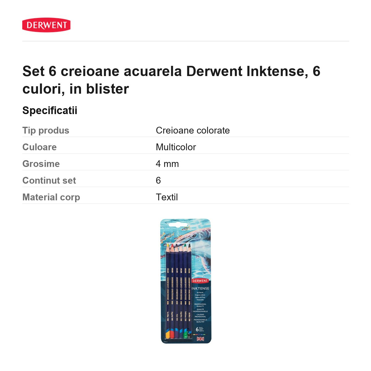 Set 6 creioane acuarela Derwent Inktense, 6 culori, in blister [3]