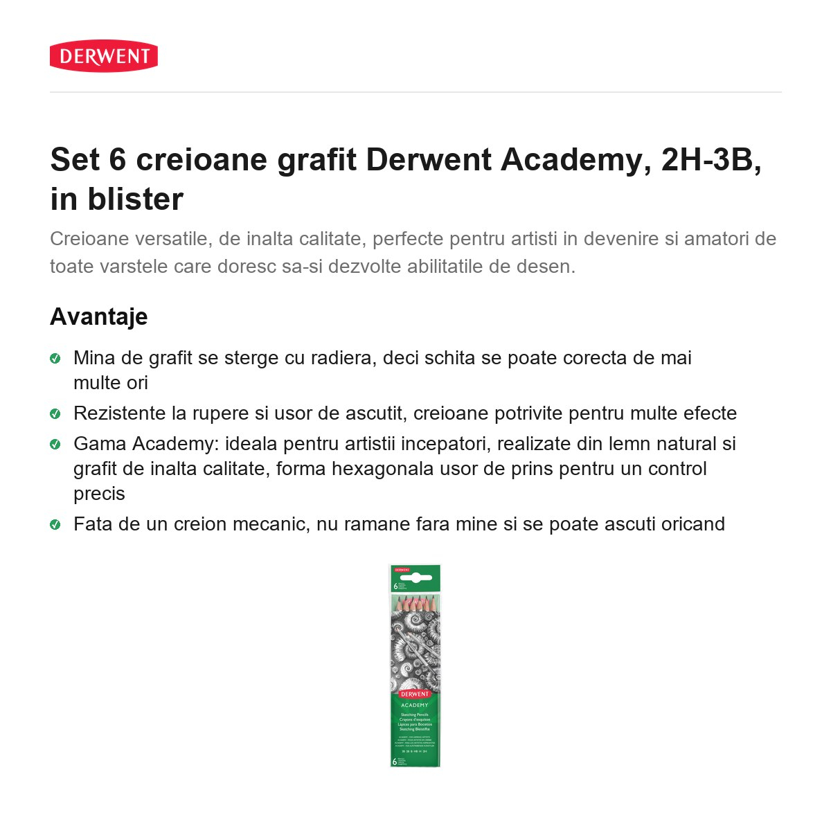 Set 6 creioane grafit Derwent Academy, 2H-3B, in blister [2]
